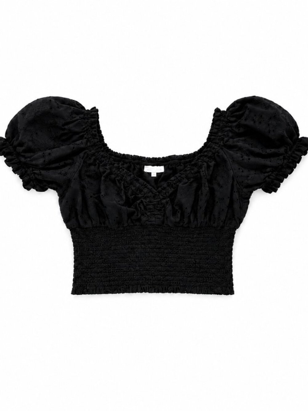 Jennifer & Grace Black Eyelet Smocked Off Shoulder Crop Top S